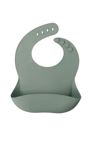 Green silicone bib with adjustable button closure and pocket, designed for babies. Features Mebie Baby branding.