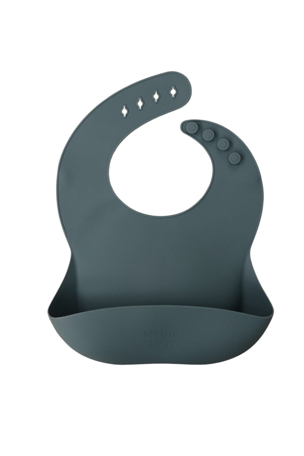Dark gray silicone bib with adjustable button closure and deep pocket, featuring Mebie Baby branding.