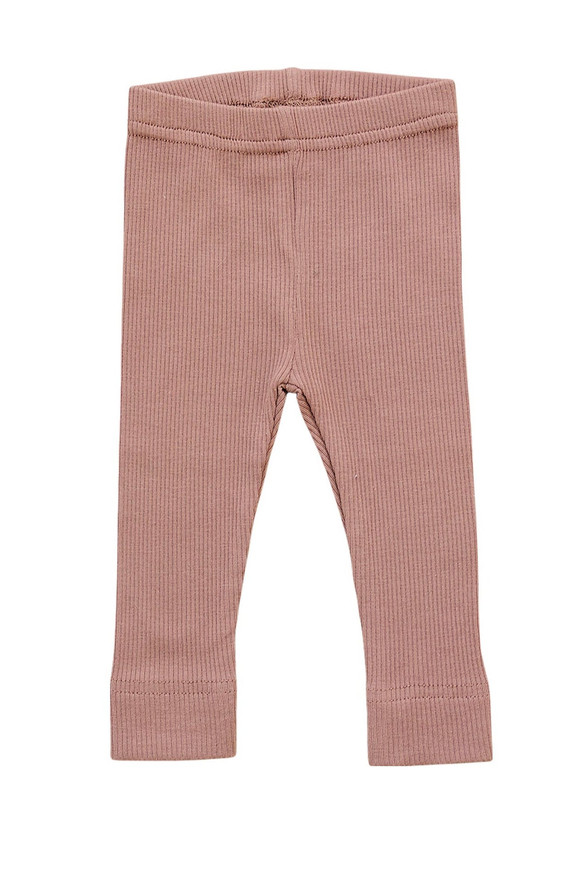 Dusty rose baby leggings made of ribbed organic cotton with an elastic waist, suitable for toddlers.