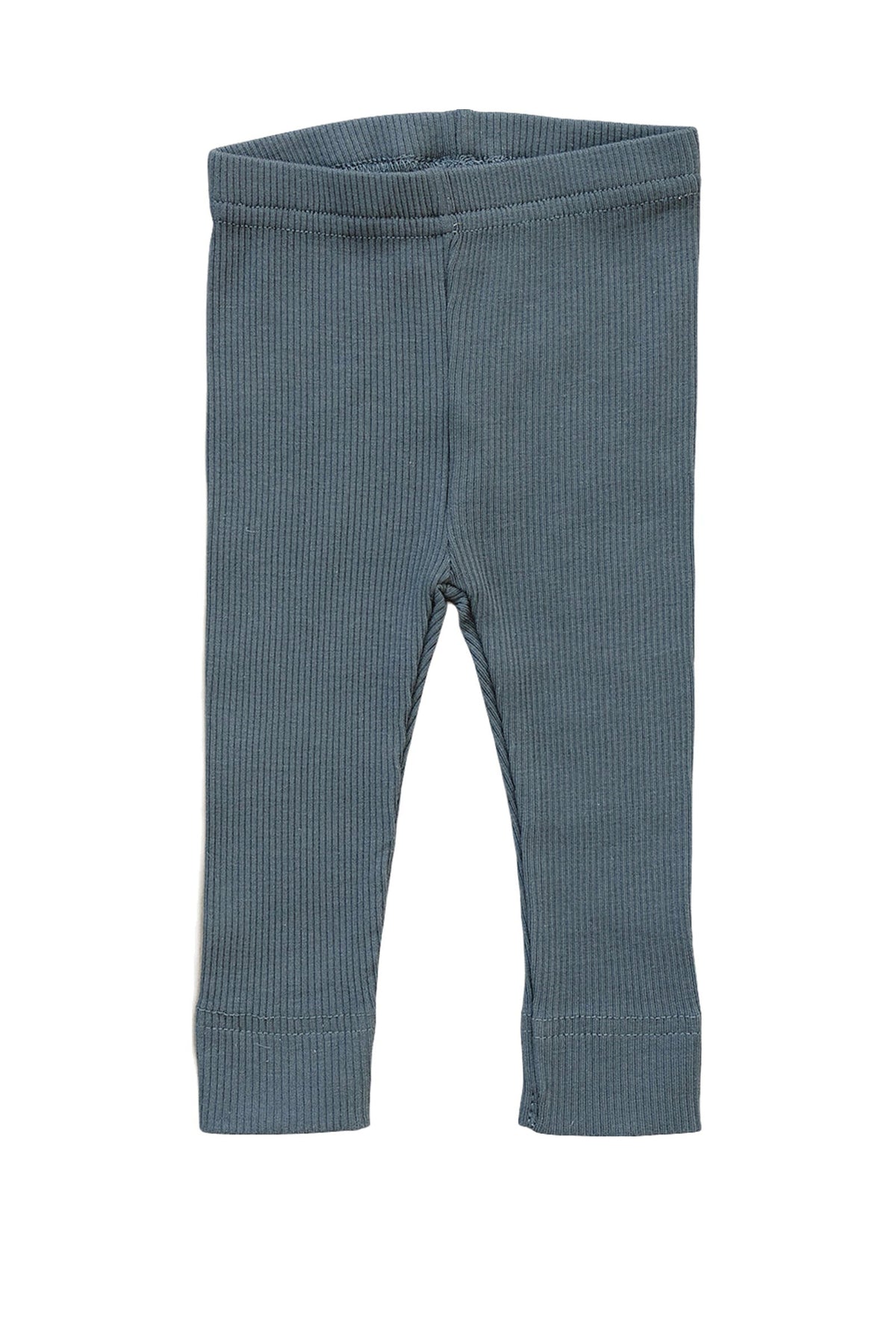 Charcoal gray ribbed baby leggings made from organic cotton with an elastic waistband, ideal for comfort and style.