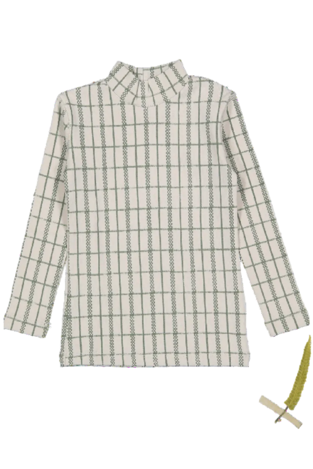 A sage check printed long sleeve turtleneck for kids, made from soft cotton and spandex. The shirt features a cozy design, perfect for playful, everyday wear.