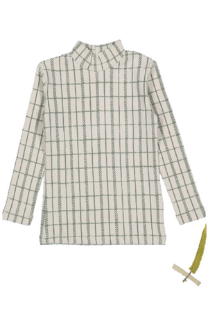 A sage check printed long sleeve turtleneck for kids, made from soft cotton and spandex. The shirt features a cozy design, perfect for playful, everyday wear.