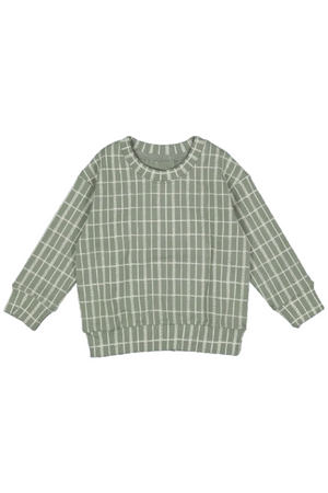 A sage green cotton sweatshirt features a checkered print with a relaxed fit and ribbed cuffs. Ideal for toddlers, this cozy garment is perfect for casual wear and outdoor adventures.
