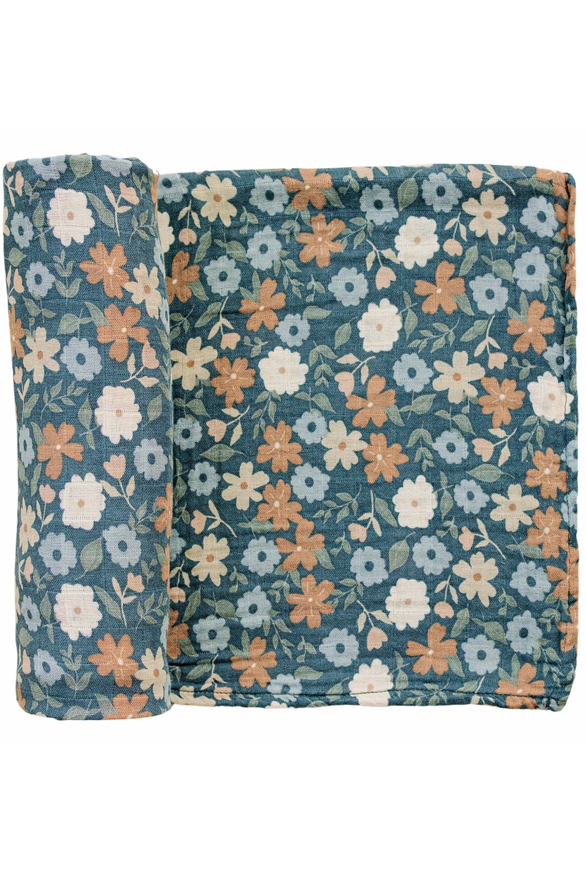 Navy muslin swaddle blanket with a floral pattern in pastel colors, showcasing a soft and elegant design.