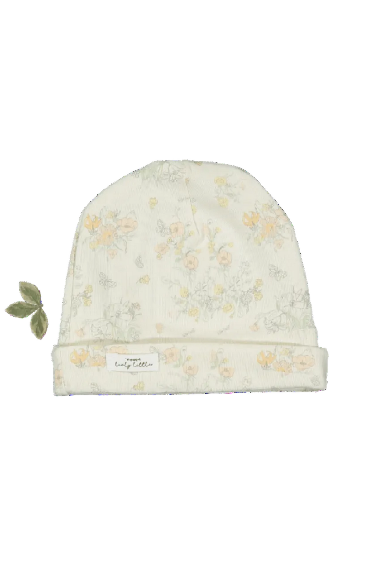 A soft cotton baby hat in a light cream color features a delicate floral print in pastel shades. It includes a small green butterfly accent and is designed for infants.