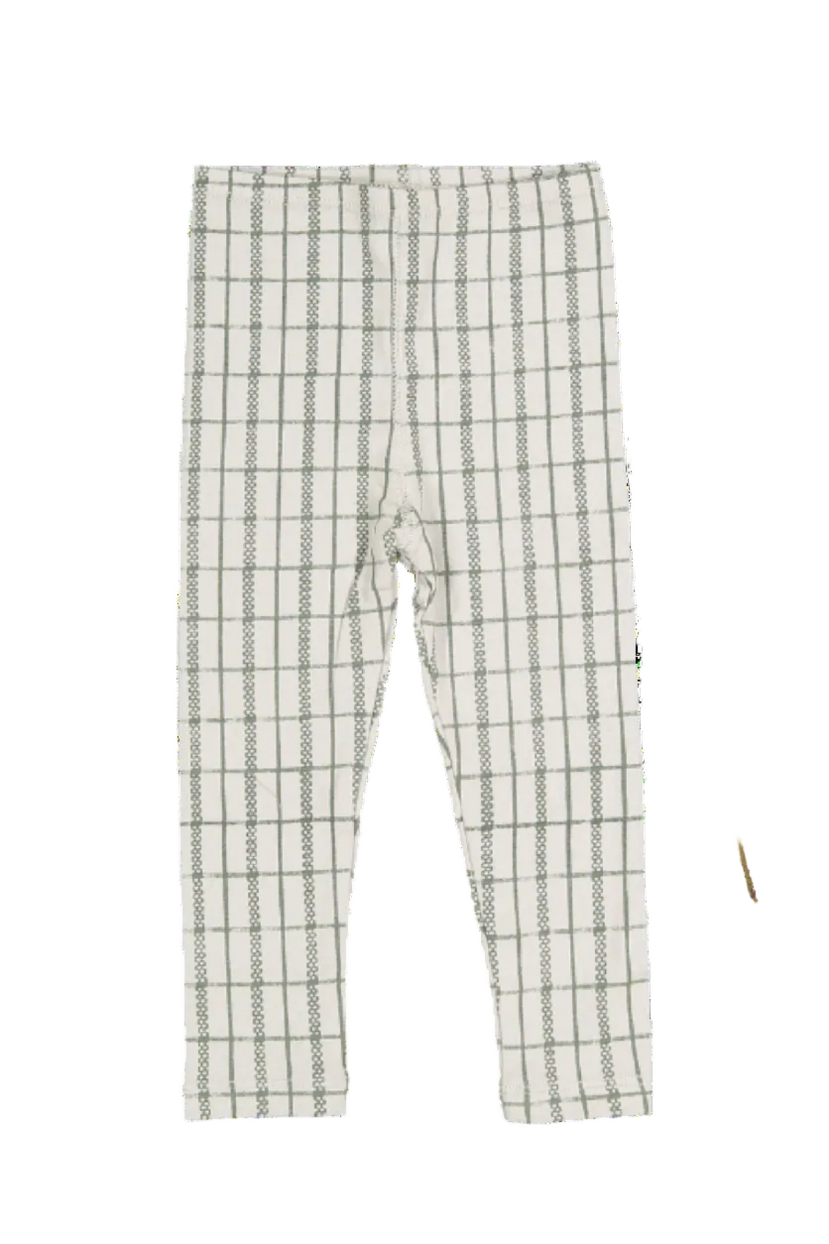 Sage check printed cotton leggings feature a soft, stretchy fabric in a light green and white grid pattern, perfect for toddlers and kids.