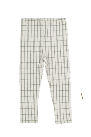 Sage check printed cotton leggings feature a soft, stretchy fabric in a light green and white grid pattern, perfect for toddlers and kids.