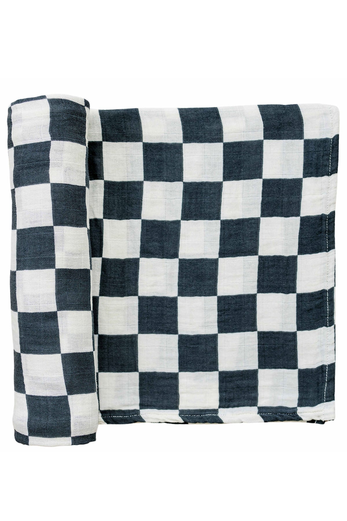 Charcoal checkered muslin swaddle blanket, folded neatly, showcasing its soft, breathable cotton fabric and classic design.
