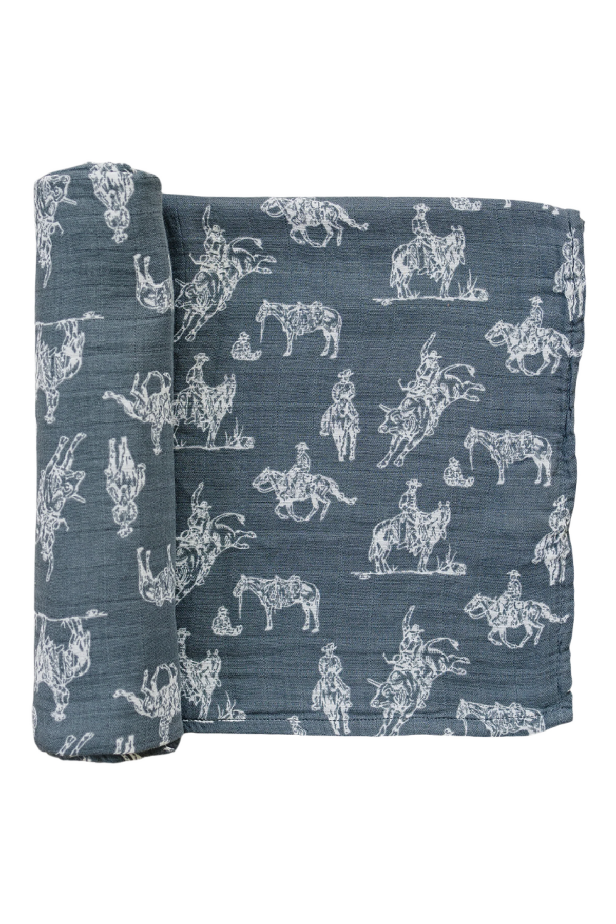 Dark blue muslin swaddle blanket featuring a white Wild West rodeo pattern, showcasing cowboys and horses.