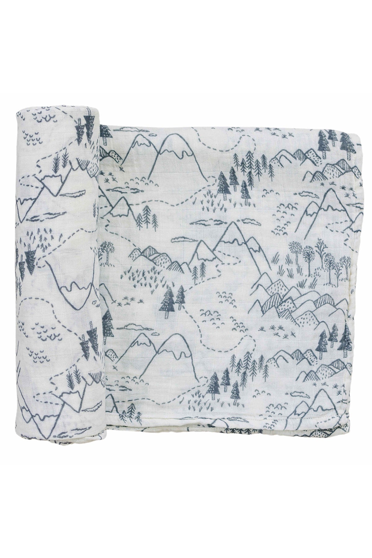 White muslin swaddle blanket with a blue outdoorsy mountain and forest design, made from 100% cotton fabric.