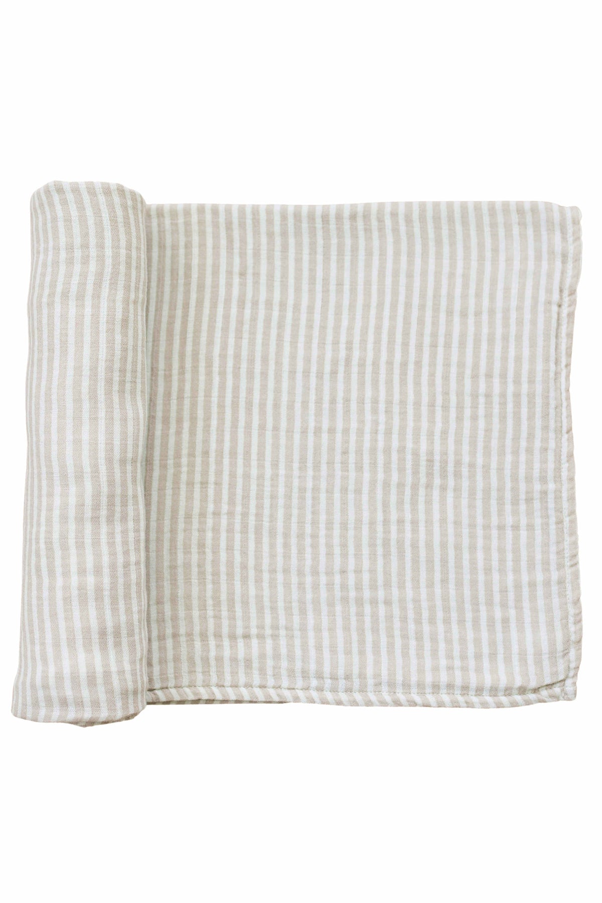 Taupe and white striped muslin swaddle blanket, partially rolled, made from soft, breathable 100% cotton fabric.