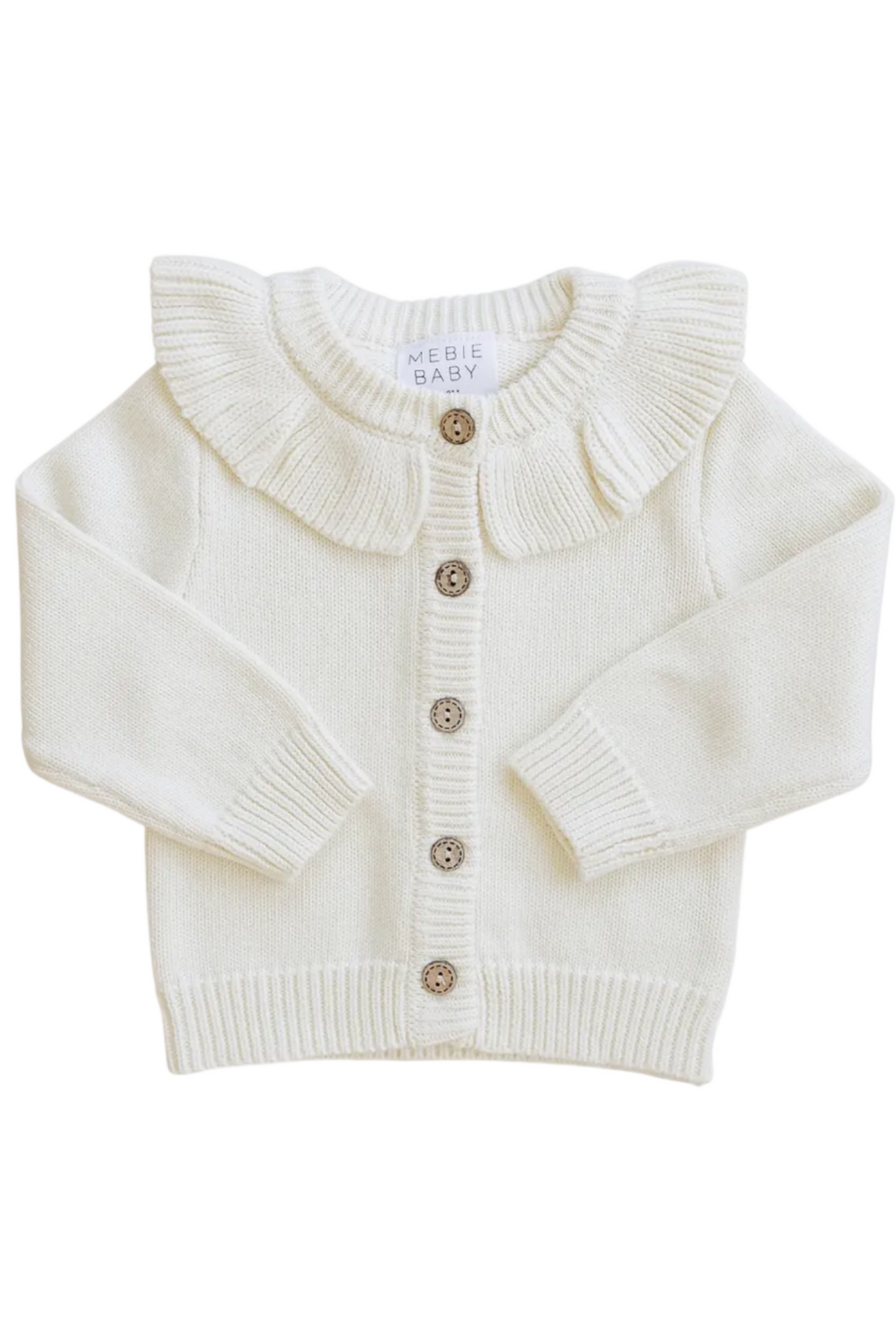 Cream ruffle knit cardigan featuring a delicate ruffle collar and wooden buttons. This cozy piece from Mebie Baby is perfect for layering in your little ones wardrobe.