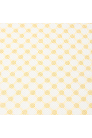 Close-up of a fabric featuring a yellow dotty gingham pattern on a white background, showcasing a soft, textured surface ideal for childrens clothing or accessories.