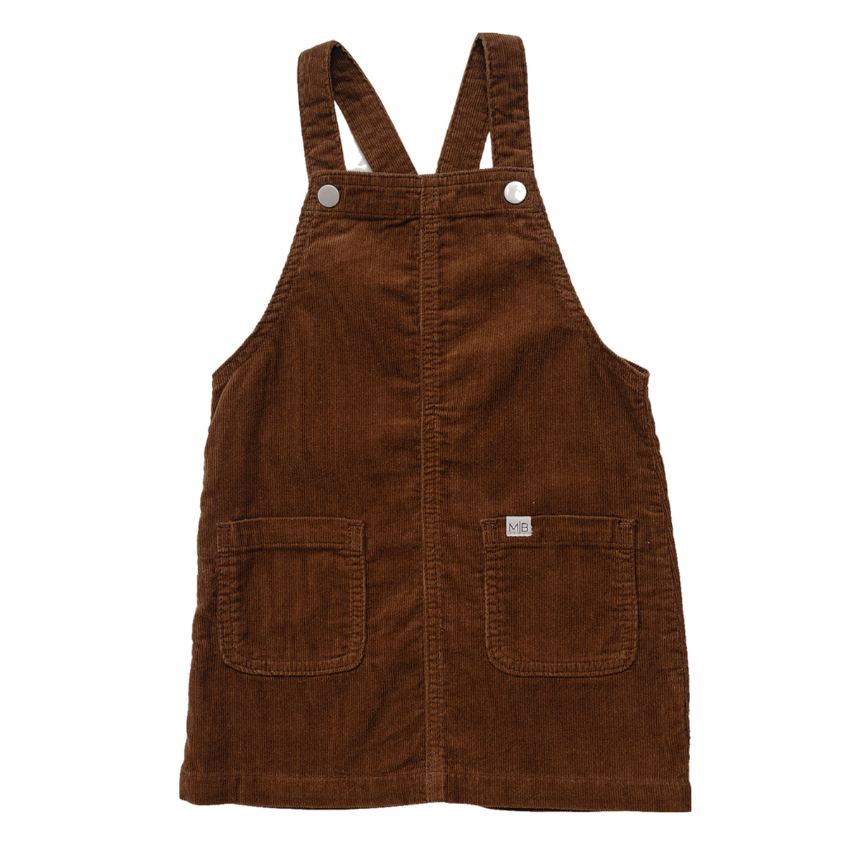 Brown corduroy pinafore dress featuring adjustable straps and two front pockets. Made from soft, sustainable cotton, this stylish piece is perfect for children’s everyday wear and layering.