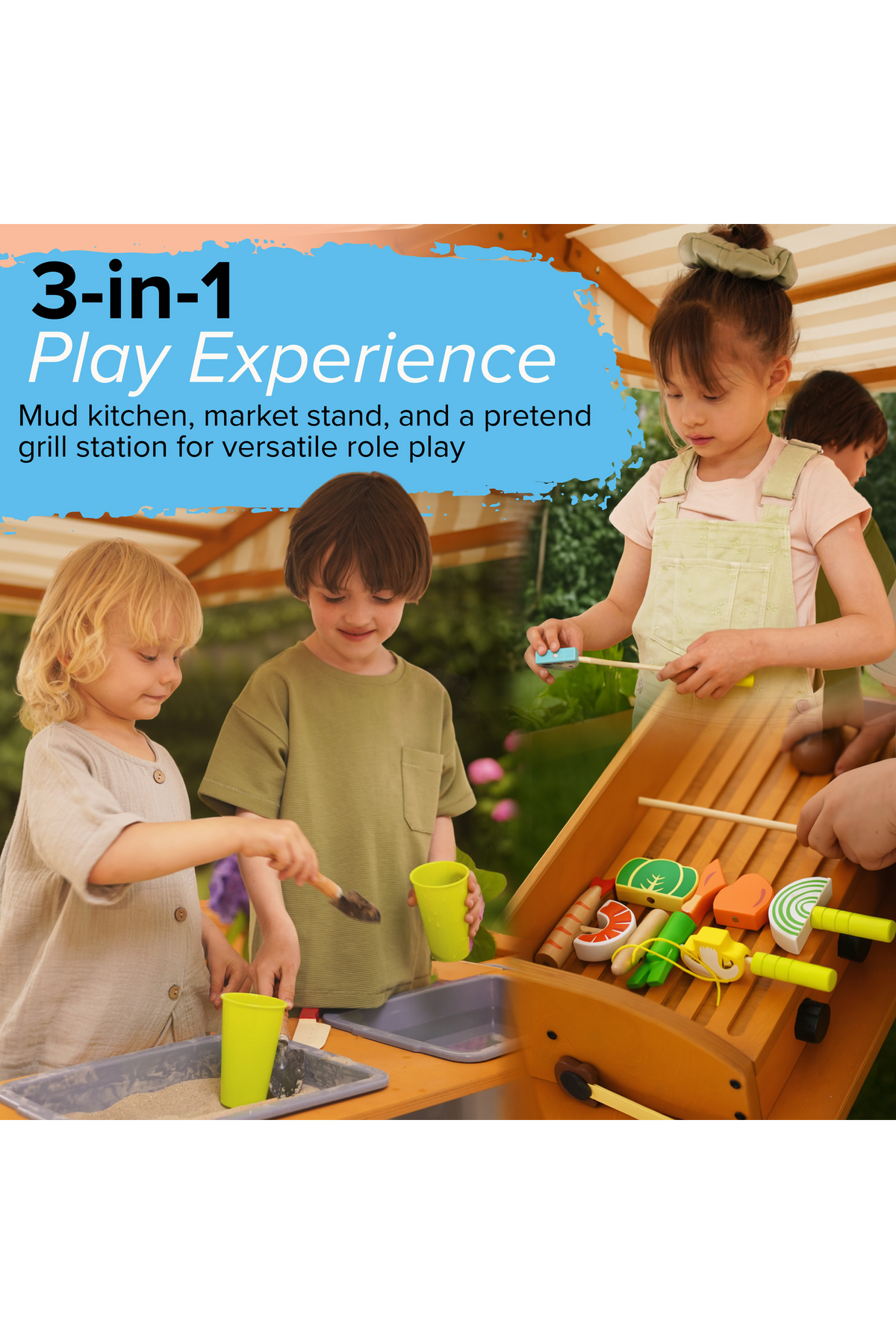 Two children engage in imaginative play with a wooden mud kitchen and market stand, featuring colorful utensils. The setting is bright and cheerful, perfect for outdoor adventures.