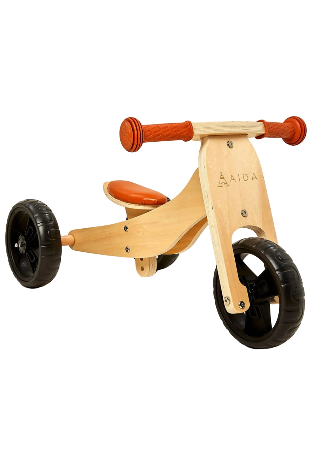 AIDAs 2-in-1 Mini Wooden Balance Bike features a natural wood frame with an orange handlebar and seat, designed for toddlers aged 18 months to 3 years.