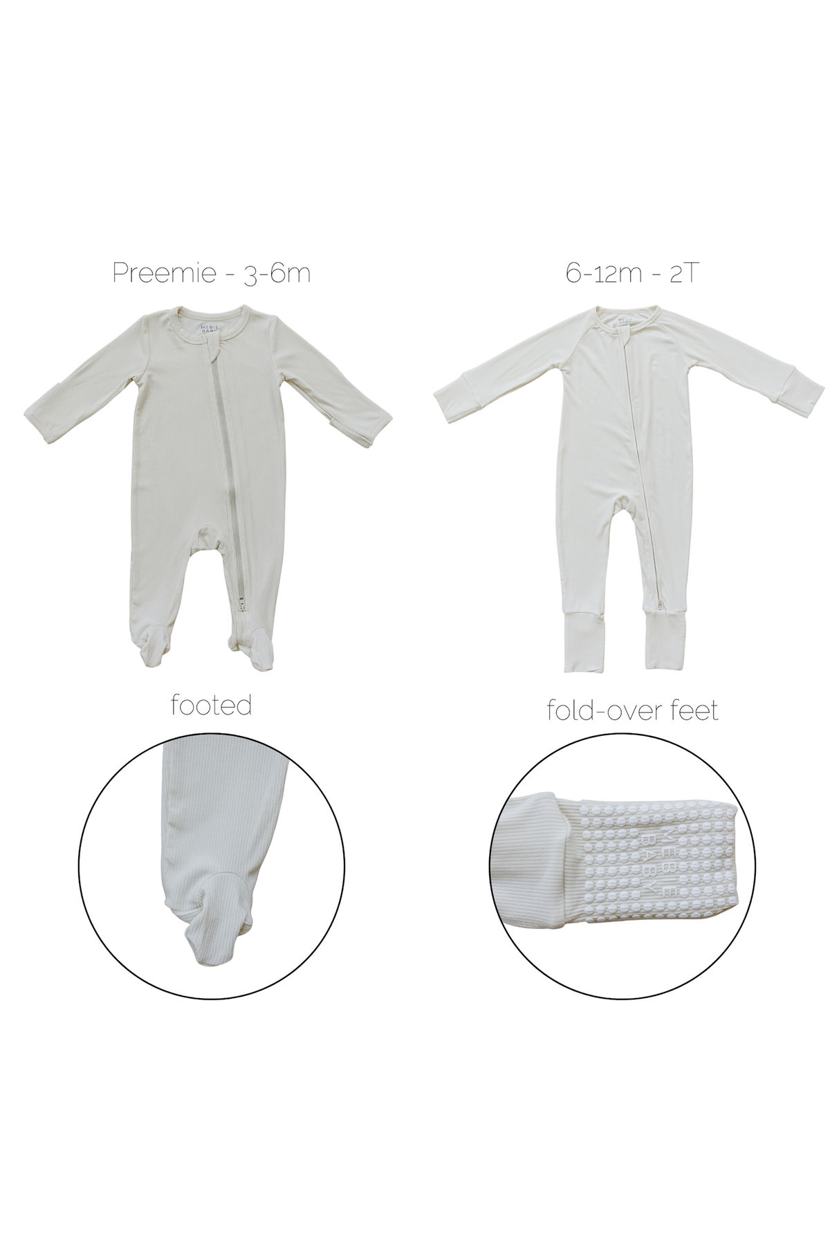 Mebie Baby  Cream Ribbed Zipper Pajama | Bamboo | Preemie | Baby Essentials