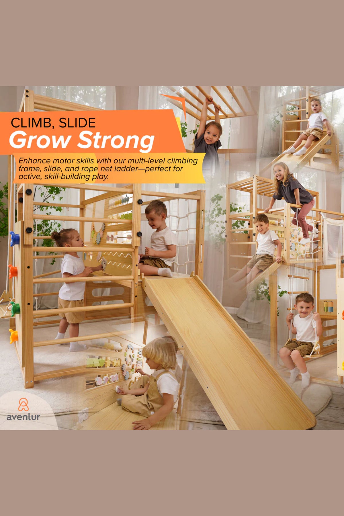 Children play on a wooden climbing frame with a slide, rope ladder, and interactive features in a bright, indoor space.
