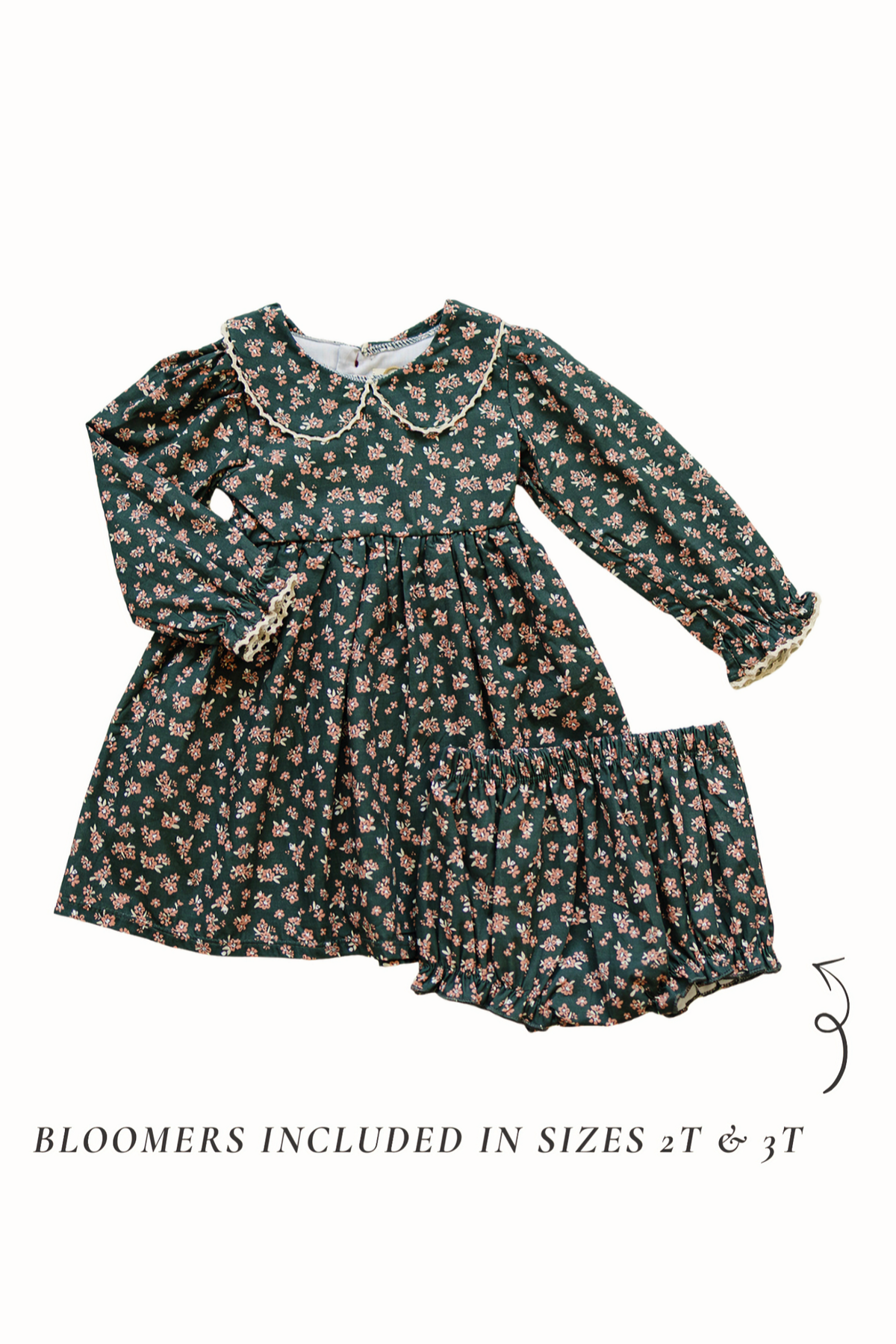 Dark green floral dress with lace-edged Peter Pan collar and matching bloomers, suitable for toddlers.