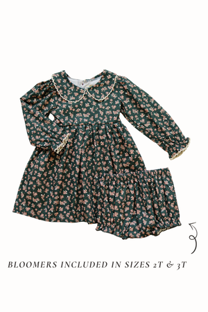 Dark green floral dress with lace-edged Peter Pan collar and matching bloomers, suitable for toddlers.