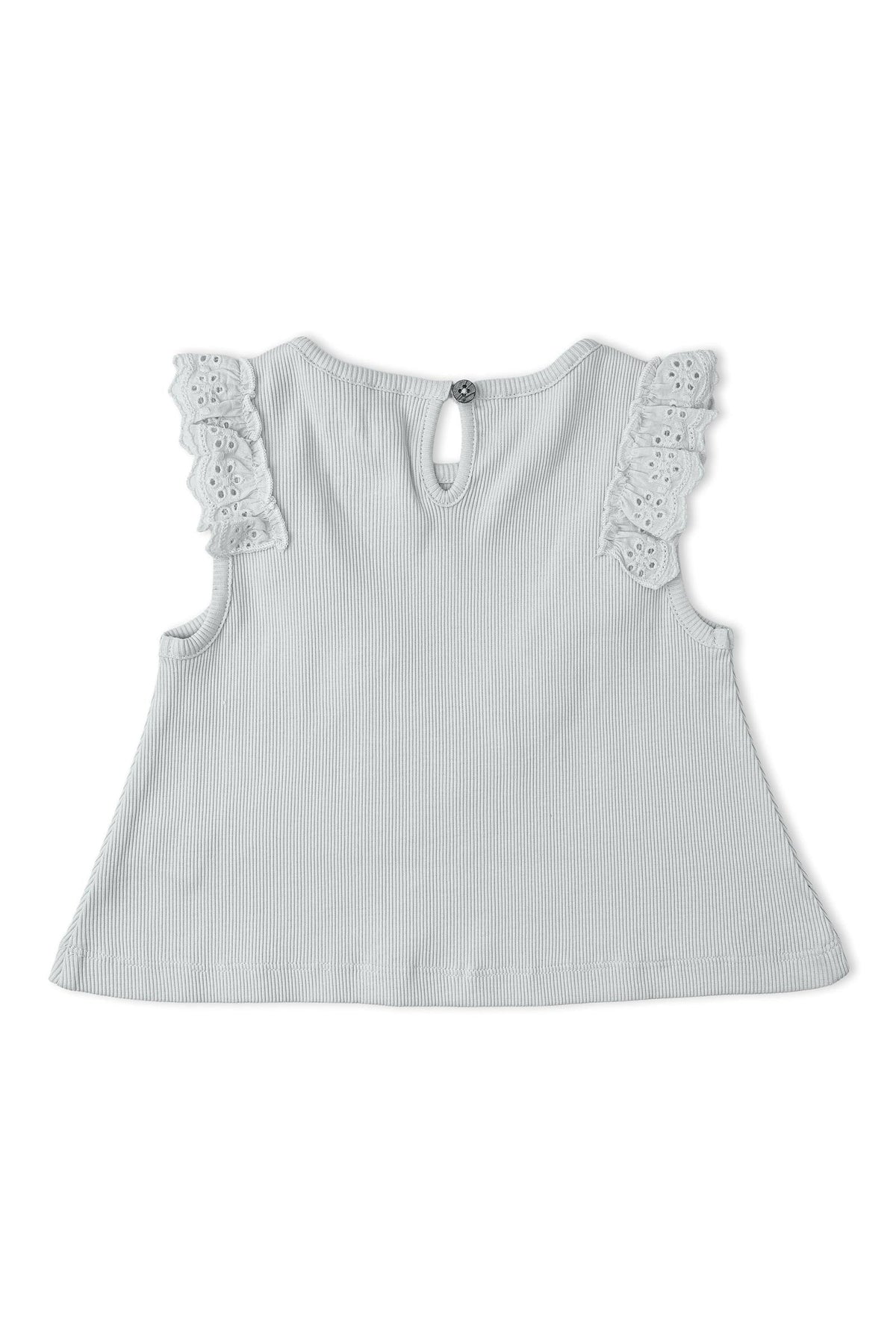 Back view of a light gray, sleeveless top featuring delicate ruffle details along the shoulders. The top has a keyhole closure at the back, made from soft, organic cotton.
