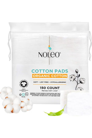 NOLEO Organic Cotton Pads in a resealable bag, featuring soft, hypoallergenic, lint-free pads with cotton imagery.