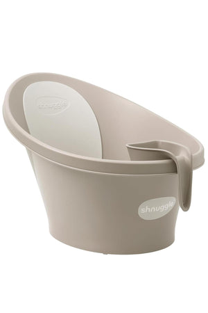 Taupe Shnuggle baby bath with a white supportive backrest and integrated rinse jug. Ideal for newborns and toddlers.