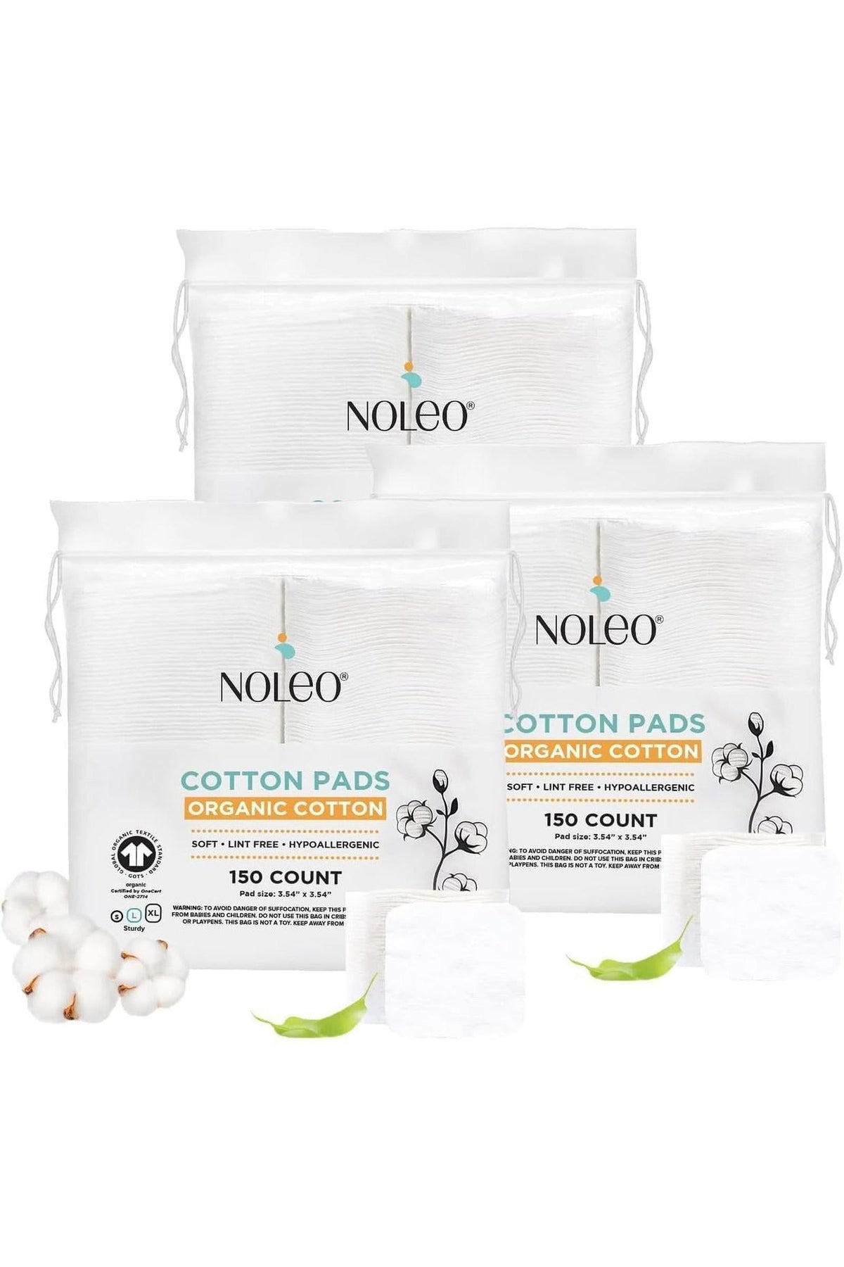 NOLEO Organic Cotton Pads in resealable bags, featuring soft, lint-free, hypoallergenic material with cotton imagery and product details.