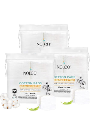 NOLEO Organic Cotton Pads in resealable bags, featuring soft, lint-free, hypoallergenic material with cotton imagery and product details.