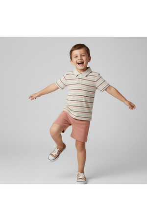 A cheerful child is wearing a striped polo shirt in soft earth tones paired with pink shorts.