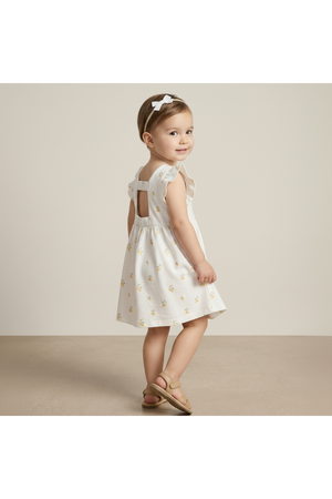A young child models a white dress with a lemon print and a cutout back. The dress is made from soft, breathable organic cotton, perfect for warm weather play.