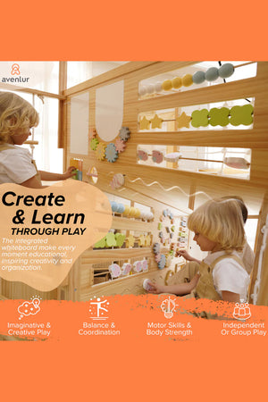 A child interacts with a wooden play gym featuring colorful, educational elements, promoting imaginative and motor skill development.