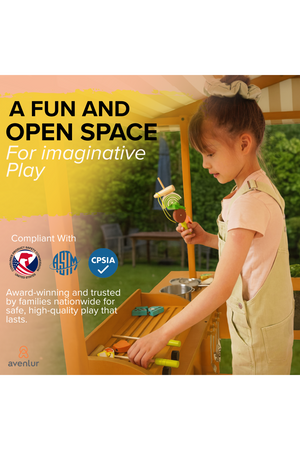 A young child plays with colorful wooden toys in a sunny outdoor setting, engaging with the Avenlur Sumac wooden play market. The scene promotes imaginative play in a safe environment.