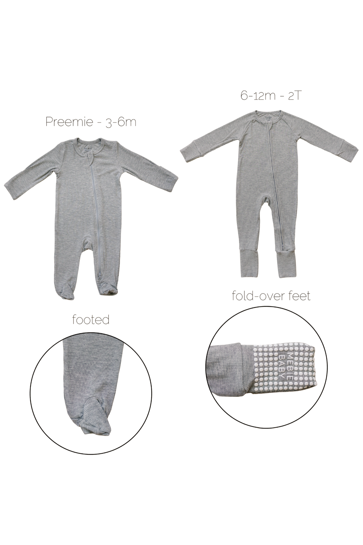 Two grey ribbed baby pajamas with zippers; one footed for preemie to 3-6m, one with fold-over feet.