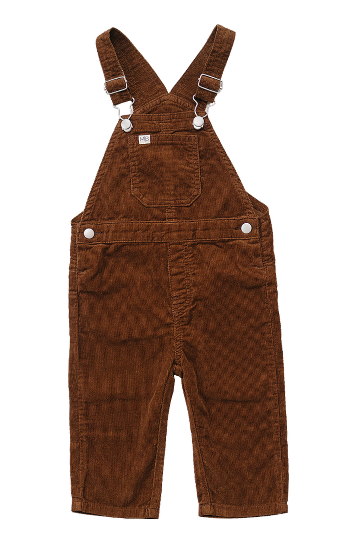 Brown corduroy cotton overalls feature adjustable shoulder straps and a front pocket, showcasing a relaxed fit ideal for toddlers. These stylish overalls are perfect for everyday wear and play.