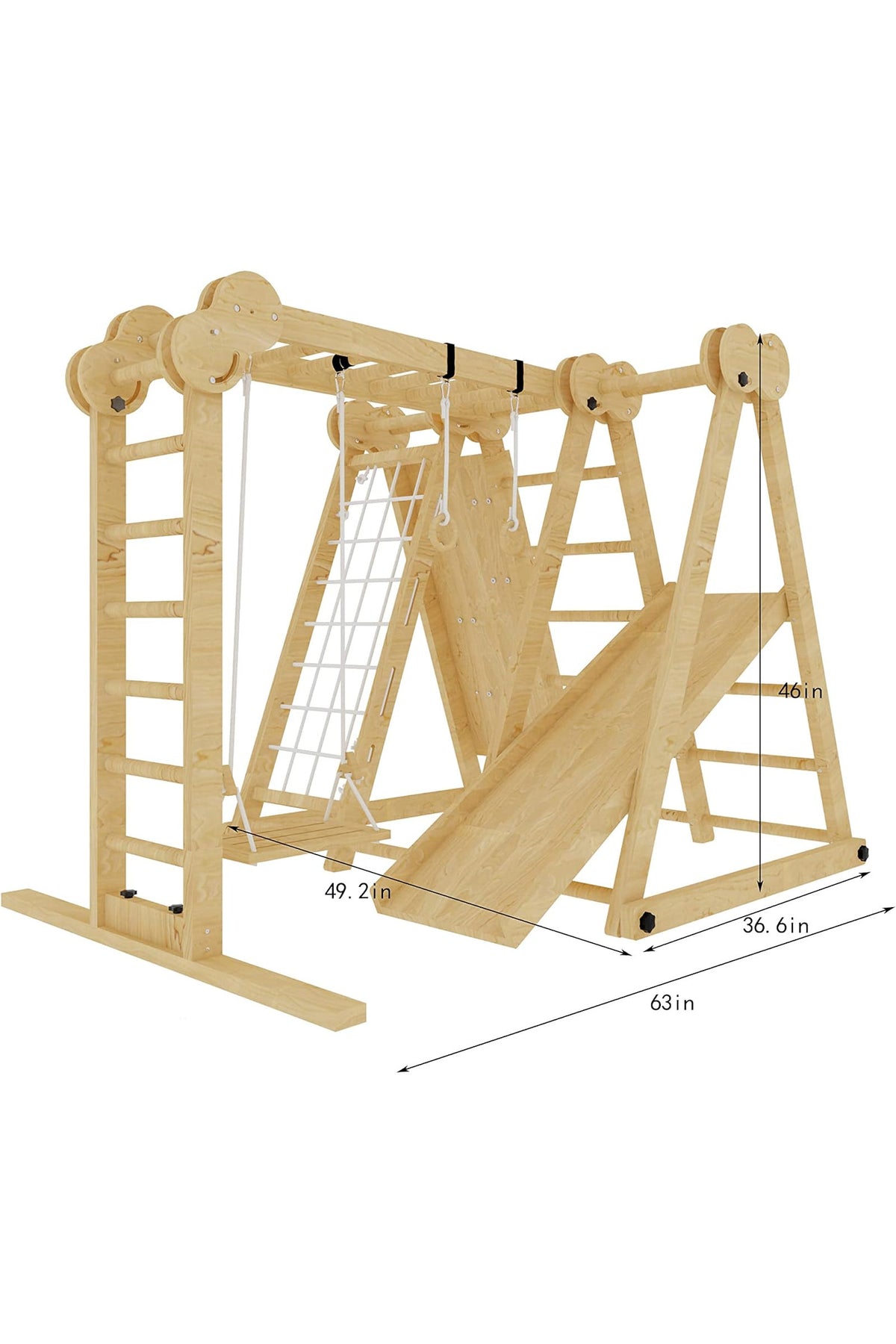 Wooden foldable jungle gym with a slide, climbing ladder, and rope net, designed for indoor toddler play.