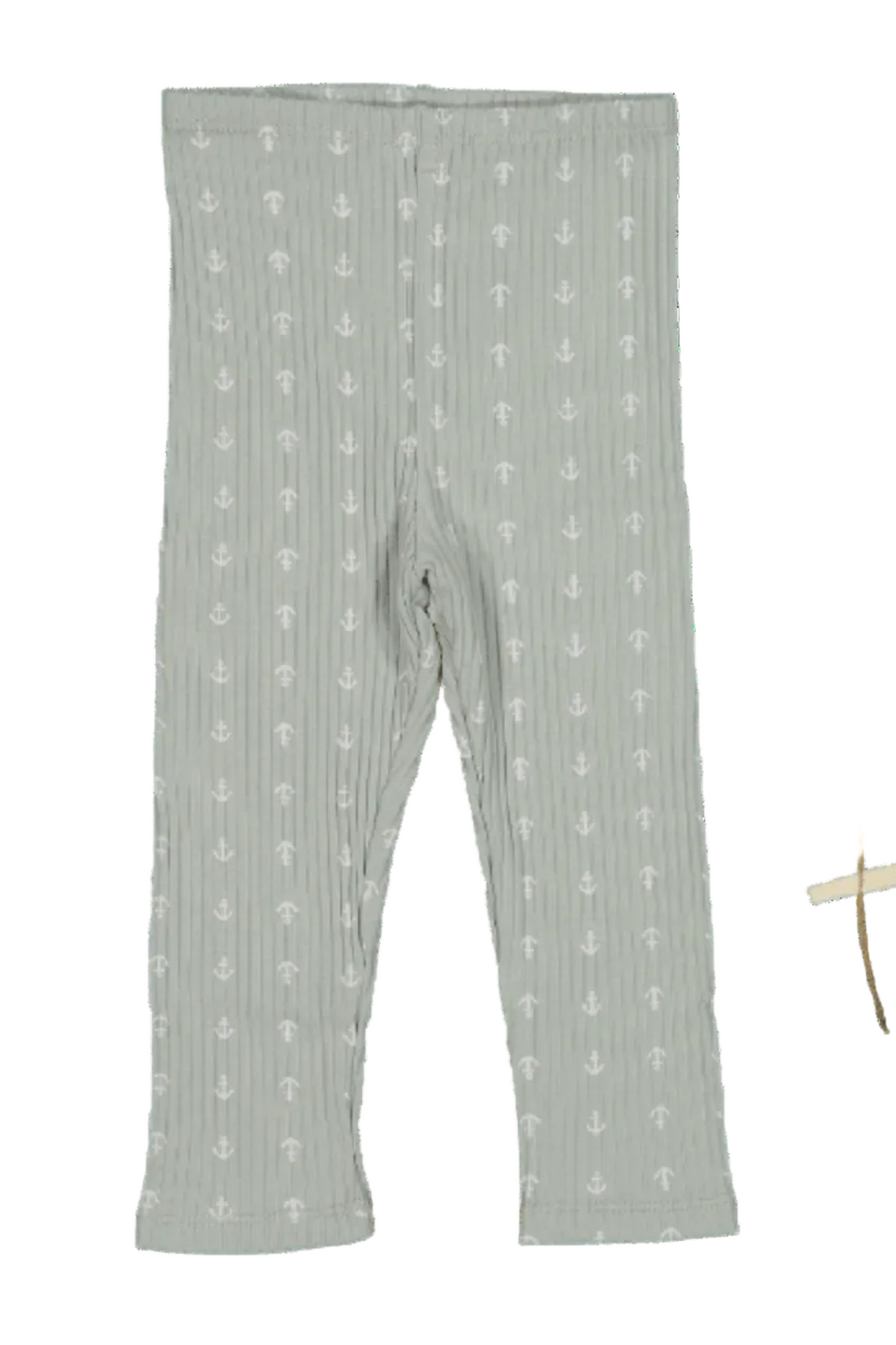 Light green cotton leggings with a subtle anchor print, made from soft, stretchy fabric. Accompanied by a decorative wooden toy, highlighting the playful and eco-friendly design for babies and toddlers.