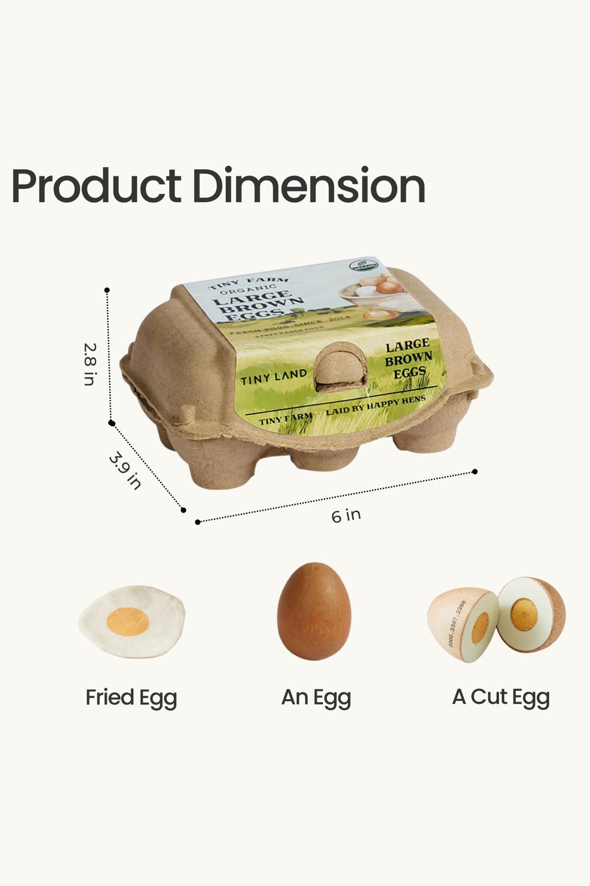 A cardboard egg carton labeled Large Brown Eggs contains three wooden eggs: a fried egg with a yolk, a smooth brown egg, and a cut egg revealing a yellow center.