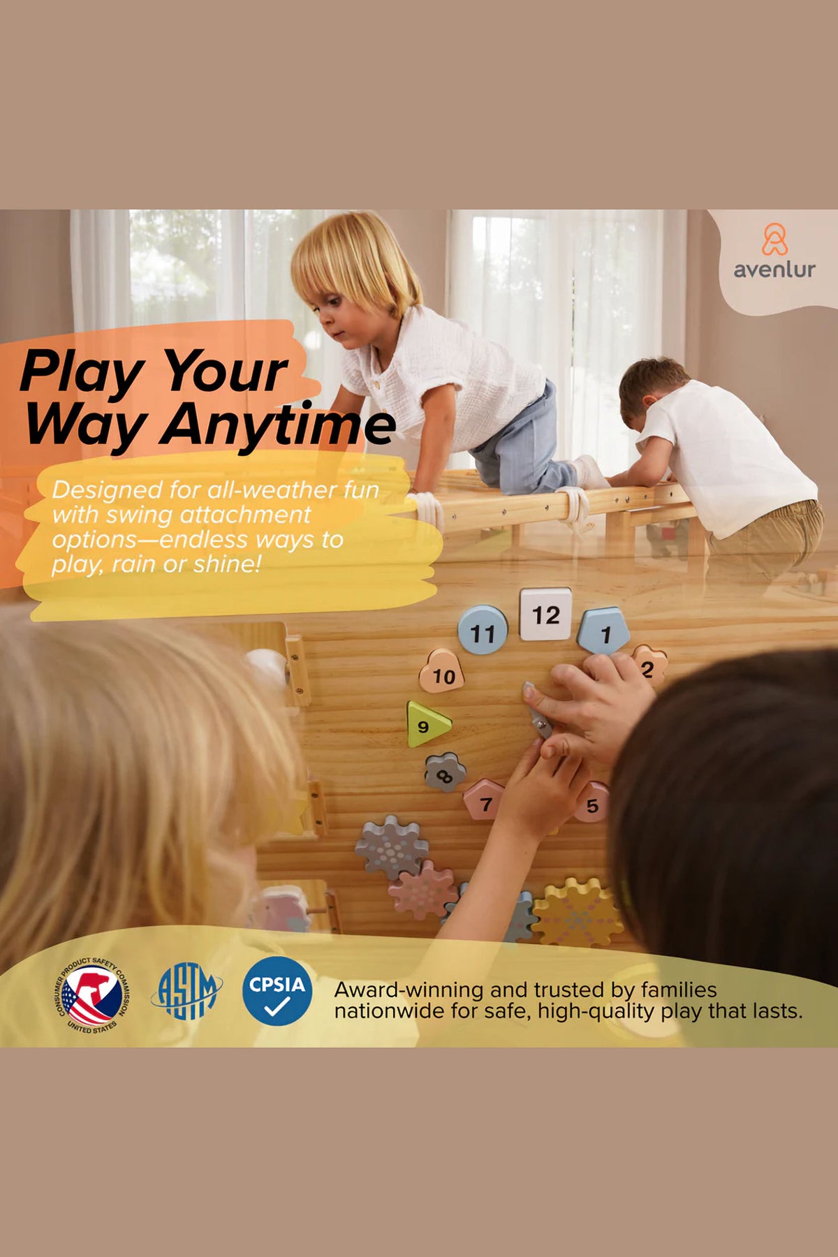 Two children play on a wooden activity gym, interacting with colorful shapes and numbers on a panel.
