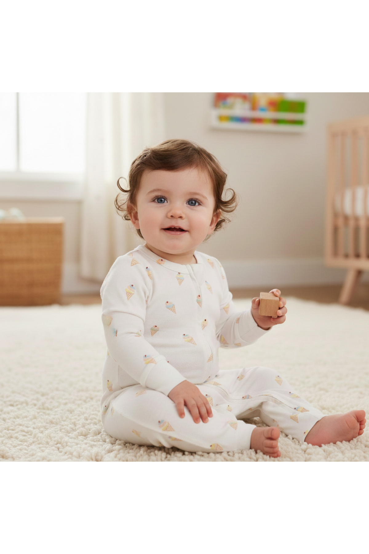 A baby sits on a soft, cream-colored rug, wearing a white organic cotton romper adorned with colorful ice cream cones. The room features natural light and a cozy, inviting atmosphere.