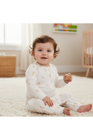 A baby sits on a soft, cream-colored rug, wearing a white organic cotton romper adorned with colorful ice cream cones. The room features natural light and a cozy, inviting atmosphere.