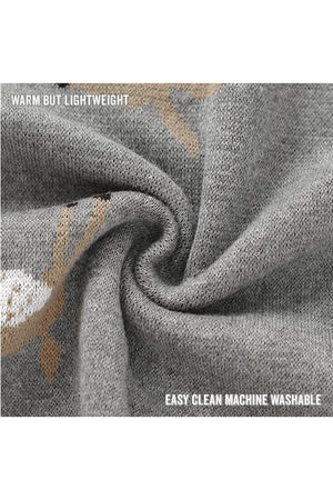 Gray knit fabric with deer pattern, showcasing texture and swirl. Text reads Warm but lightweight and Easy clean machine washable.