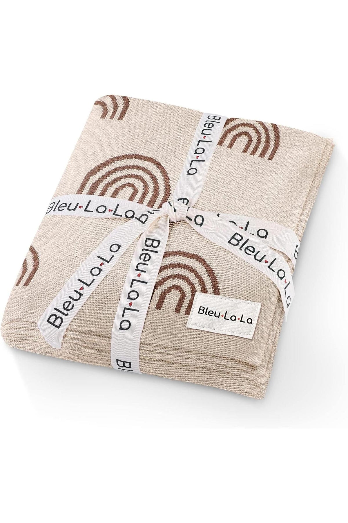 Beige knit blanket with brown rainbow pattern, wrapped in a Bleu La La branded ribbon.