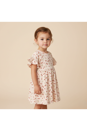 A young girl stands in a light peach organic cotton dress featuring a cherry print and playful dolman sleeves. The dress has a relaxed fit, perfect for comfort and movement.