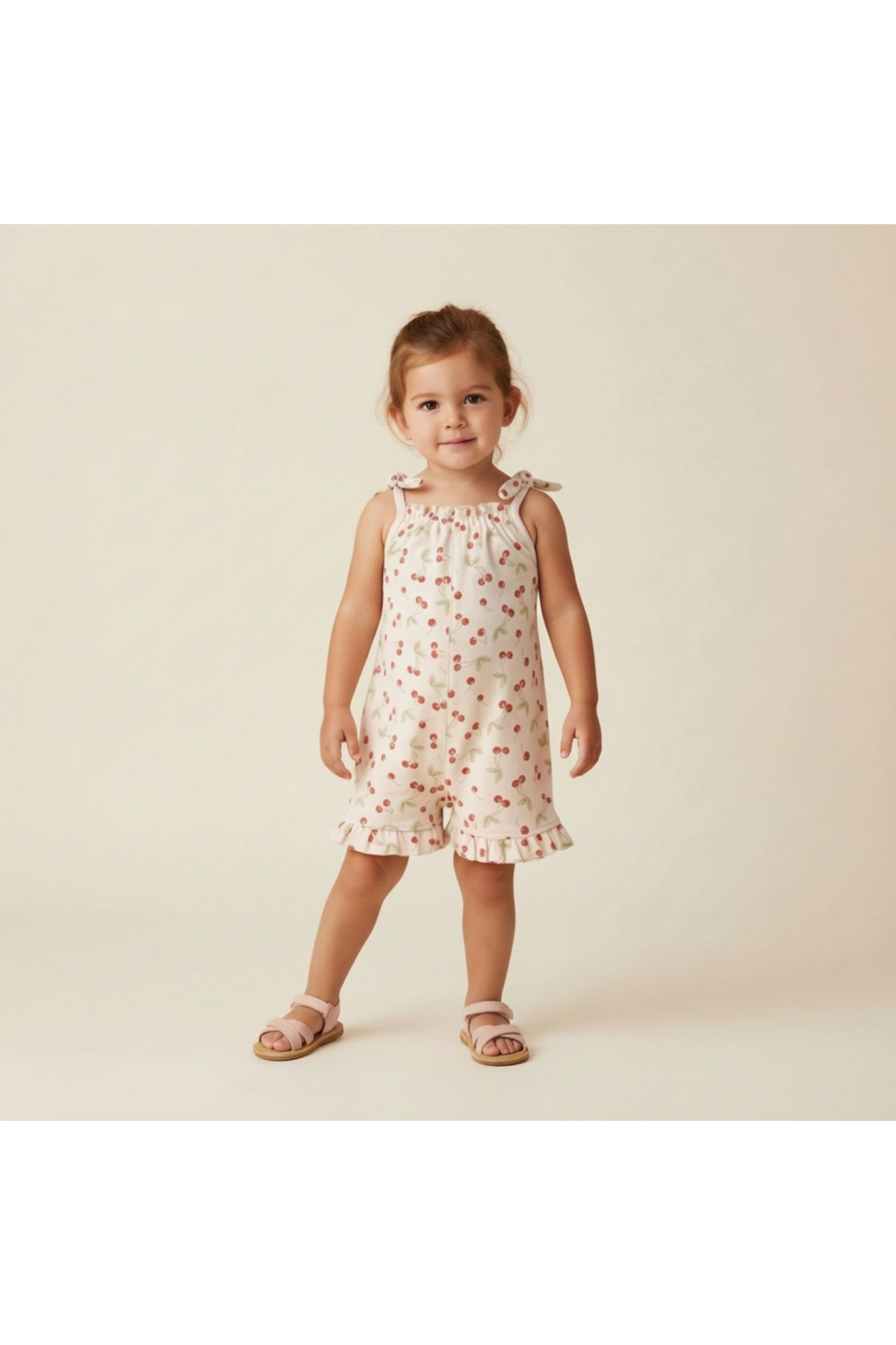 A young girl models a sleeveless, floral ruffle jumpsuit with a light pink background. The outfit features ruffled edges and adjustable shoulder ties, perfect for warm-weather play.