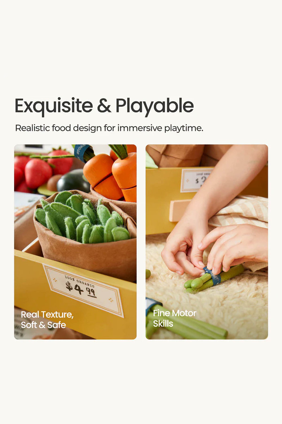 A child plays with realistic wooden vegetables in a soft, natural setting, promoting fine motor skills. The vibrant colors and textures ensure safe, imaginative play for young ones.