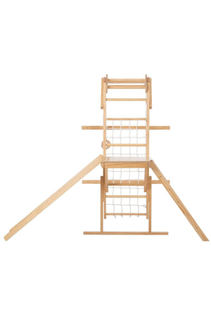 A natural wood foldable jungle gym playset features a climbing structure with a slide and rope elements, designed for toddlers and kids.