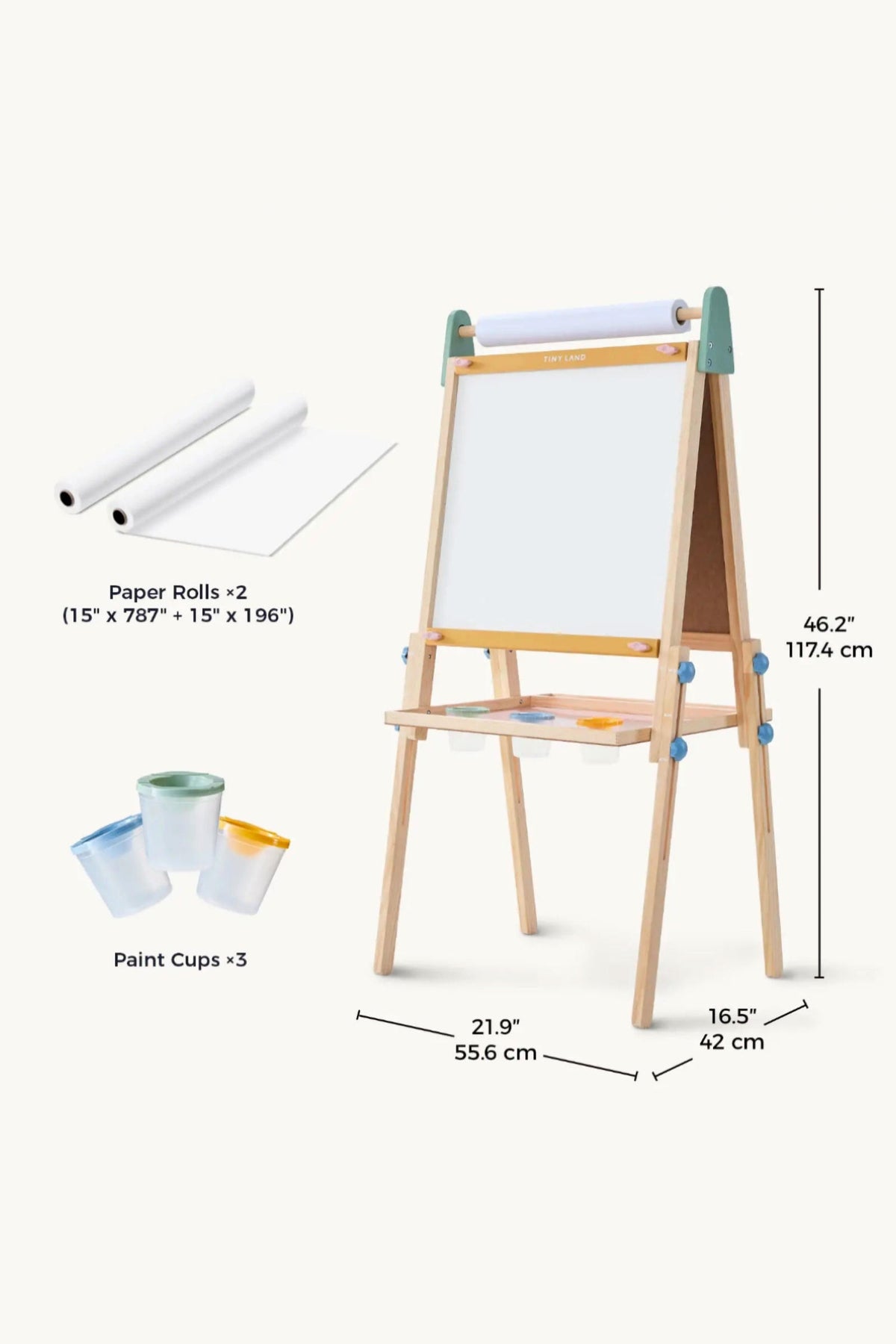 A wooden art easel features a whiteboard and paper roll holder, accompanied by three colorful paint cups. The easel stands 46.2 inches tall, designed for creative play.