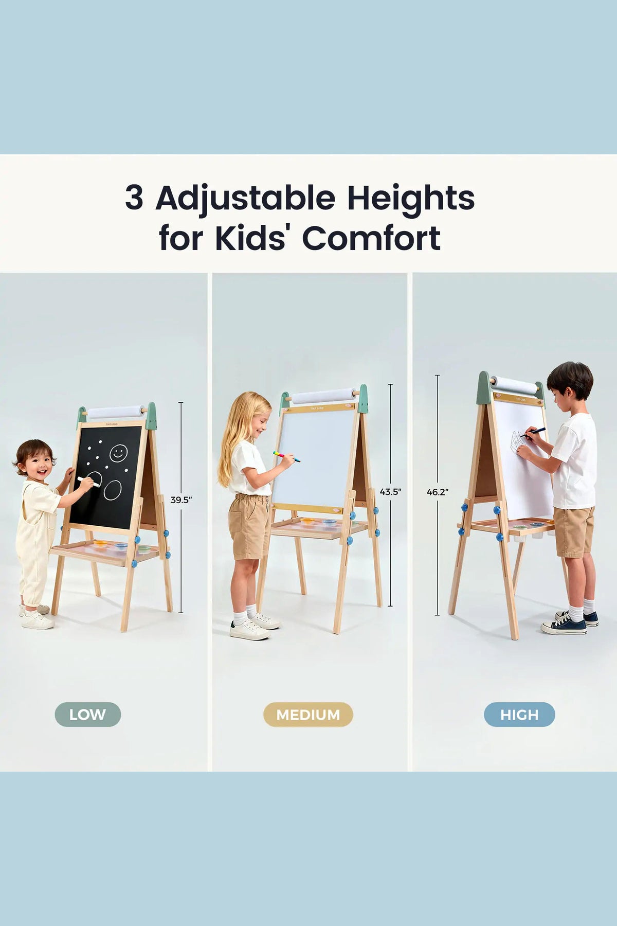 A child and a girl use a wooden easel set at different heights, showcasing its adjustable features. The easel includes a chalkboard and a paper holder for creative activities.