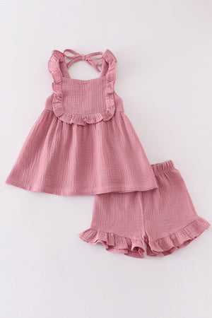 Girls Dusty Rose Muslin Ruffle Shorts Set | 100% Cotton